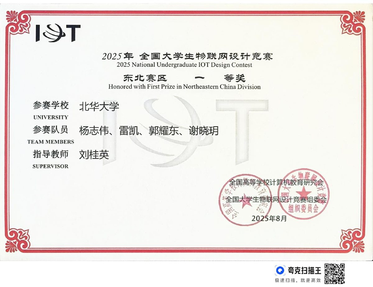 全国大学生物联网设计竞赛 获奖证书